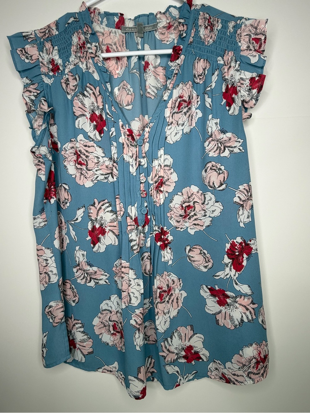 Daniel Rainn Dusty Blue Floral Button-Front Ruffle Sleeve Blouse